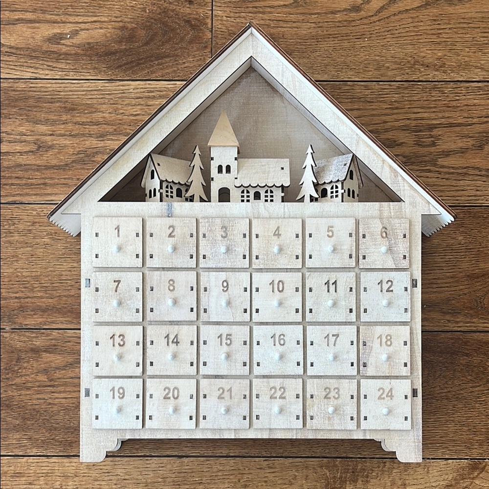 Like New! Light-Up Wooden Advent Calendar with Village Scene